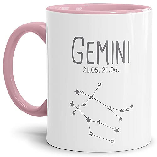 Sternzeichen Tasse Zwilling - Sternbild Kaffeetasse mit Spruch - Geschenk zum Geburtstag, Horoskop, Astronomie, Tierkreiszeichen - Keramik Innen & Henkel Rosa, 300 ml I Zwilling