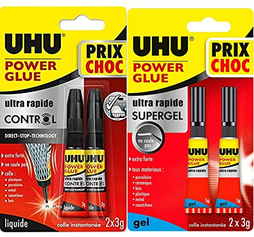UHU Power glue liquide control - colle instantanée, ultra rapide et forte, technologie anti-goutte, 2x3g & Power glue gel - Colle instantanée ultra rapide et forte, ne coule pas, sans solvants, 2x3g