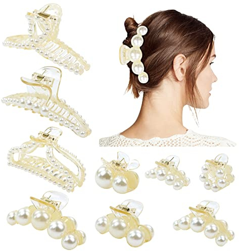 Dizila 9 Pack Decorative Small Medium Large Plastic Pearl Hair Claws Clips with Strong Hold Non Slip Hair Barrettes Clamps Jaws Accessories for Women Girls