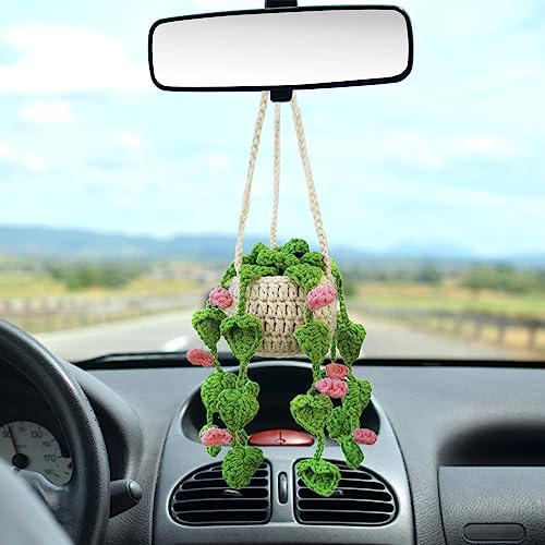 Häkel-Hängepflanze für Auto niedliche Topfpflanzen gehäkelte Dekoration Autospiegel hängende Zubehör Rückansicht Ornament hängende Boho handgefertigt gestrickter Anhänger