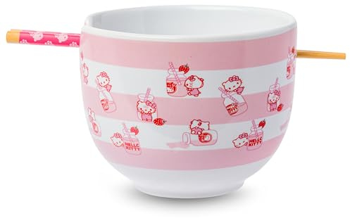 Silver Buffalo Sanrio Hello Kitty Erdbeermilchmuster Keramik Ramen Nudel Reisschale mit Essstäbchen, mikrowellengeeignet, 590 ml