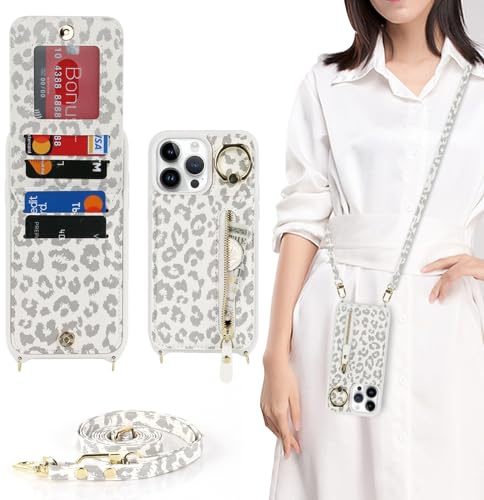 Zouzt Crossbody Wallet Case for iPhone 14 Pro Max, with Strap,White Leopard | Lanyard Purse, 4 Card Holder, 360° Ring Kickstand, PU Leather Zipper Handbag, Shockproof TPU, Back Flip Phone Cover for Women