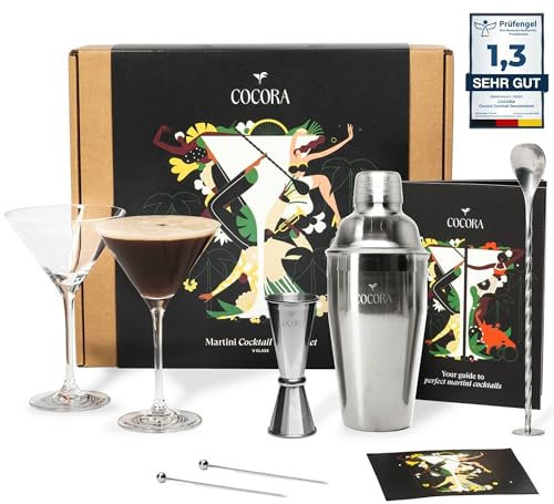 Cocora Martini Cocktail Set Regalo | Set Barman da 8 Pezzi | Kit Cocktail | Shaker Cocktail | Dosatore Cocktail | Bicchieri Cocktail | Cucchiaio Cocktail | Idea Regalo | Eco Friendly (Silver)