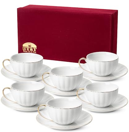 BTaT- Cappuccino Cups with Saucers 7 oz with Gift Box, Set of 6, White Porcelain Coffee Cup and Saucer Set for Latte with Golden Trim Design, Dishwasher Safe, Mocha, Tea, Au Lait, Flat White