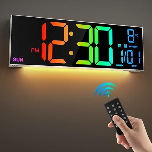 HAITANG Grande Horloge Murale numérique de 16 pour Salon, télécommande, Double Alarme, 8 Couleurs RVB, Grand écran LED, luminosité Automatique, Date, Heure d'été Automatique, température