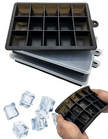 TIJAR® Ice Cube Tray 3 Sets with Lids, 15 Large Square Cubes, Soft Silicone Ice Moulds, Popup Ice Trays, for Drinks and Desserts, Easy Removal (Black, 3 Packs)