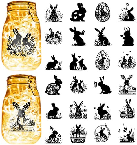 CREATCABIN 24Silhouetten Aufkleber Für Einmachgläser Ausschnitte Aufkleber Kaninchen Scrapbook Wasserdichte PVC Lampenfolie Für Weihnachten Ostern Halloween Wände Fenster Milchglas Laternenglas 9x10cm