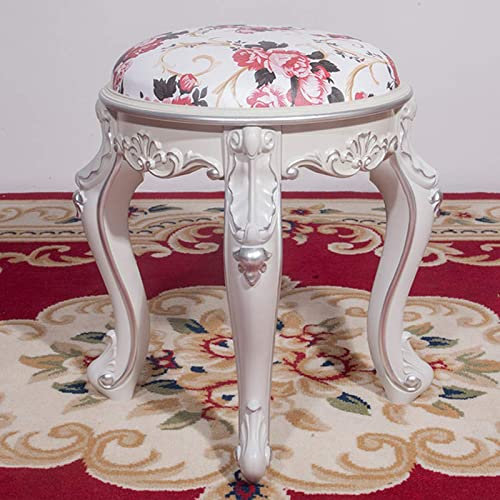 Flower Leather Round Vanity Stool Makeup Bench Dressing Chair with Thick Padded Cushion ABS Plastic Steel Leg for Bathroom Bedroom Vanity (Silver Ivory White)