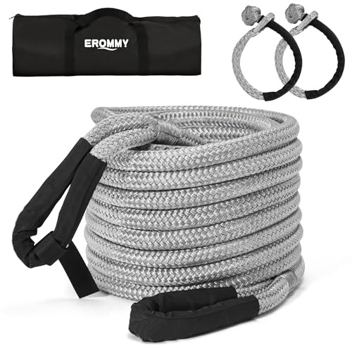 Erommy Kinetic Recovery Tow Rope with 2 Soft Shackles,2.5cmx9m Elongation over 30% Heavy Duty Tow Strap(14500kg) for Car Pickup Truck Tractor Jeep RV etc. Rescue in Snow,Sand and mud Environments,grey