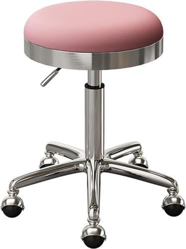 Generisch Runder Rollhocker, Drehhocker mit weichem Kissen aus PU-Leder, anhebbarer Kosmetikhocker für Schönheitssalon, Spa, Tattoo, Massage, mit 5 Krallen und Rollen aus Edelstahl (Pink)