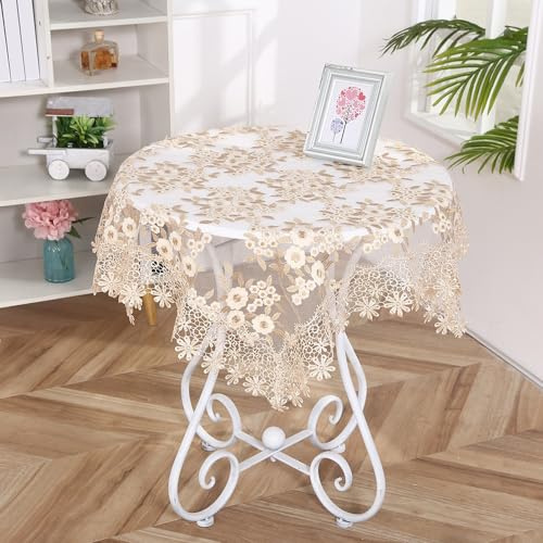 Anevous Vintage Spitze Tischdecke, Blumenmuster Spitzentischdecke, Elegantes Tischtuch Esstisch, Häkelspitze Deckchen für Hochzeit Party Zuhause Tischdekoration,Beige 85x85cm