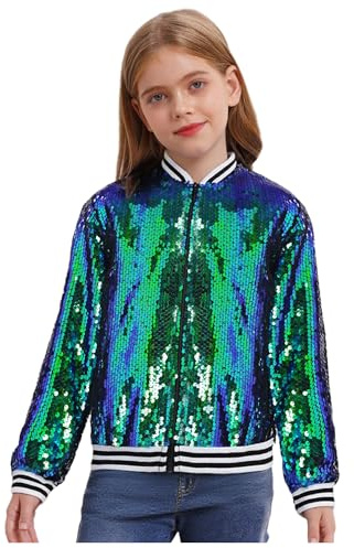 inhzoy Unisex Kinder Glänzende Pailletten Jacke Langarm Glitzer Bomberjacke Mit Reißverschluss Sport Freizeitjacke Streetdance Hip Hop Jacke Grün_A 122-128