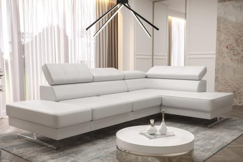 Ecksofa Emporio MINI 300x180 cm aus Echtleder – modernes Ledersofa mit verstellbaren Kopfstützen, silbernen Füßen – Eckcouch Links oder rechts wählbar – Premium Design Sofa (Weiß, Rechts)