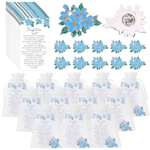 homdat 30 Set Trauergeschenke Inkl,Trauergeschenke in großen Mengen, Feier des Lebens, Trauergeschenke, blaue Vergissmeinnicht-Anstecknadeln mit Organzabeuteln, Gedenkgedichtkarten zum Gedenken
