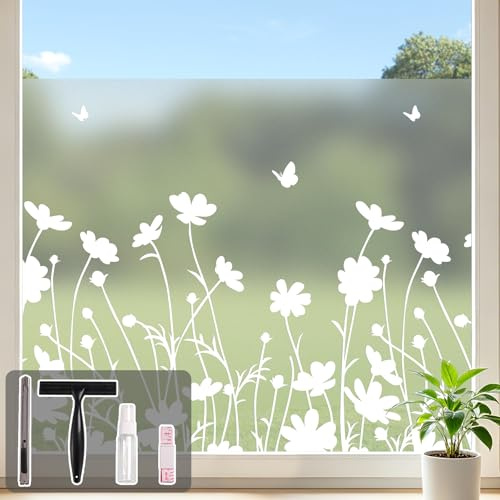 Conkov Fensterfolie Kleine Daisy Matte Sichtschutzfolie 44,5 x 200 cm | Transluzent Vinyl Selbstklebend UV-Schutz Anti Glare Sichtschutz Dekorative Glasfolie Küche Wohnzimmer Bad Mit Werkzeug