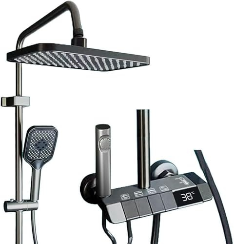 Duscharmatur Komplettset, Duschsäule mit quadratischem Kopf, Regendusche mit Armatur, Duschsystem mit 4 Betriebsmodi, digitale LED-Anzeige, Pistolengrau Wasserhahn Duschset