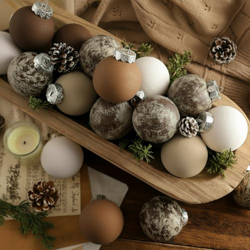 12 Pcs Matte Neutral Textured Christmas Ball Ornaments 2.36'' Brown Vintage Rustic Christmas Tree Decorations Modern Xmas Tree Hanging Shatterproof Ornaments with Loop for Farmhouse Boho Holiday Decor