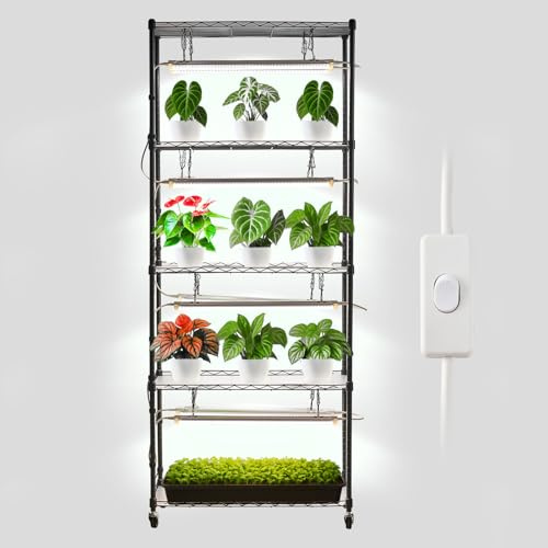 VEVOR - Soporte para plantas de interior con luz de cultivo, estantería metálica de 6 niveles, 180 cm de altura, 192 W, con ruedas, lámpara de espectro completo de 5000 K, expositor para macetas