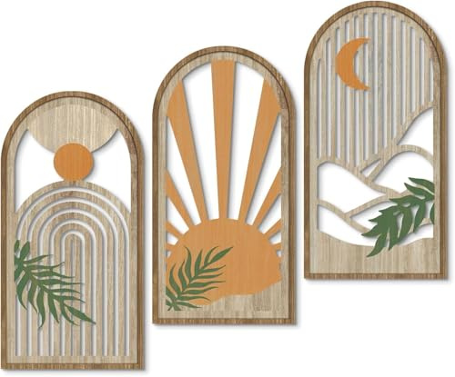 PANYIXUAN Boho Wandregal Set, 3 Stück Holz Wanddeko mit Sonne Mond Design, 40x20 cm, Dekorative Wandkunst für Kinderzimmer Wohnzimmer Schlafzimmer