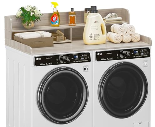 LEMBERI 2 Tiers Shelf Washer Dryer Countertop, 54 W x 27.5 D Laundry Organization, Wooden Topper for Folding, Sorting & Ironing, Easy Install, Oak
