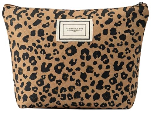 Leopard Print Canvas Makeup Bag with Zip Closure - Small Flat Cosmetic Pouch for Women Travel Toiletry Case Daily Beauty Essentials Storage Organiser, Durable Lightweight Fashion Accessory