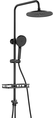 Auralum Colonne de Douche sans Mitigeur, Système de Douche en Acier Inoxydable, Ensemble Salle de Bain avec Divertisseur d'Eau Laiton, Pommeau de Plafond 250mm Round, Douche avec Douche Pluie,Noir
