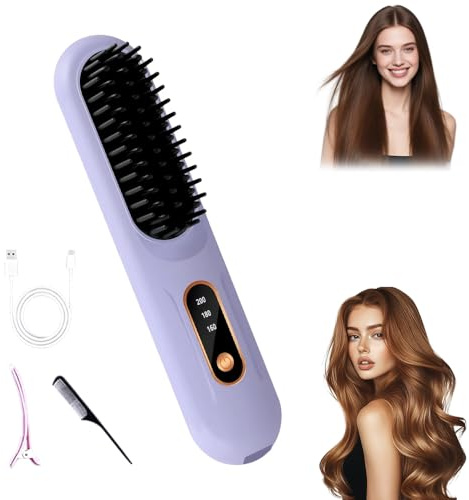2 In 1 Glätteisen Locken und Glätten, 2026 Neu Mini Haarglätter für Haar Glätten 3 Wärmestufen Kabellos, Mini Bürste mit LED Anzeige und 3 Wärmestufen für Anwendung Unterwegs (Lila)