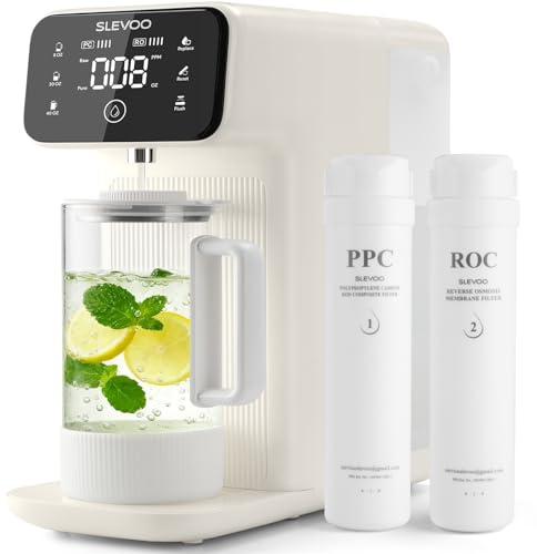 Auftisch Osmoseanlage Trinkwasser,6-stufiger Filtration gegen Nitrat & PFAS,Abwasserverhältnis 4:1,TDS-Monitor, 4L-Tank, 1,2L Remineralisierungs-Glaskrug für alkalisches Wasser (Warmweiß)