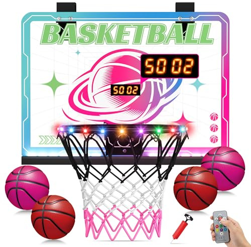ROPODA Panier de Basket Interieur, Mini Panier Basket Enfant avec Éclairage LED, Télécommande, 4 Ballons, Jeux de Basketball pour Garçons &Filles, Cadeau d'Anniversaireet et de Noël, Multicolore