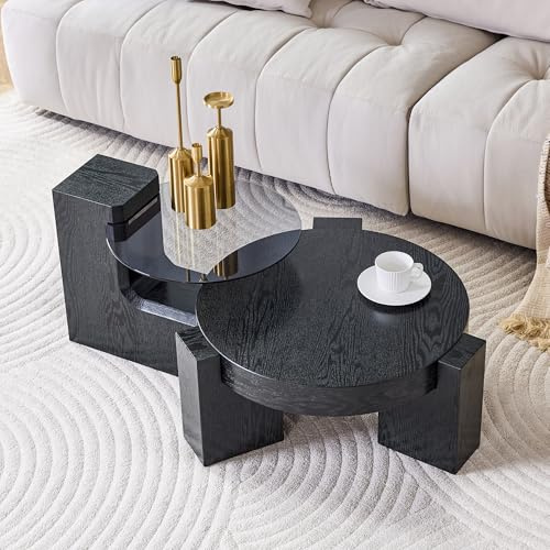 Bladez Mesa de centro con 2 niveles y patas en forma de L, mesa auxiliar redonda desmontable con tapa de cristal negro y aspecto de madera, para salón, dormitorio, mesa de centro moderna y mesa de