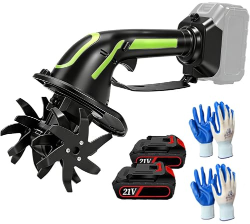 21V Motozappa Senza Fili con 2 Batterie, Mini Coltivatore Elettrico Portatile per Giardino, 4 Lame profondità 10cm, Fresatrice E Diserbante per Prato E Aiuole A