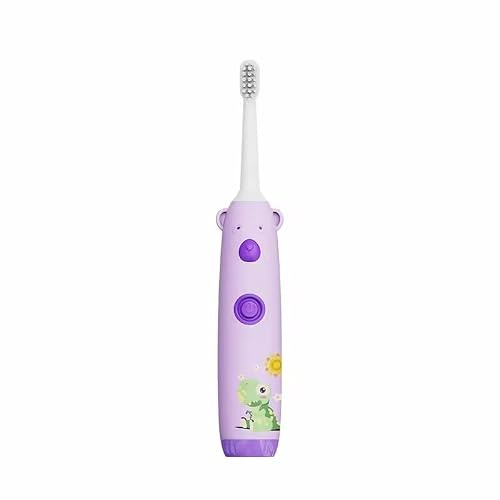 Children’s Electric Toothbrush with Soft Bristles – Low Vibration Kids Toothbrush, One-Button Operation, Cute Design, Easy Grip Handle, Battery Powered (AA 1.5V) with Extra Brush Head (Purple)