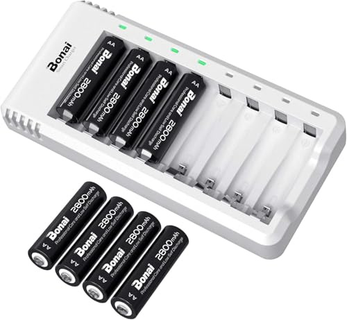 BONAI Caricabatterie Pile Ricaricabili con 8 Pezzi Pile AA 2800mAh, Carica Batterie 8 Slot Indipendenti con Indicatori LED, Set di Ricarica Intelligente USB per Dispositivi ad Alto Consumo