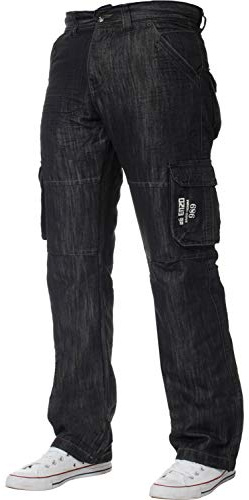 Ze ENZO Jean Cargo Combat -Pantalons Denim en Toutes Tailles pour Hommes - Noir Lavage, 32W x 30L