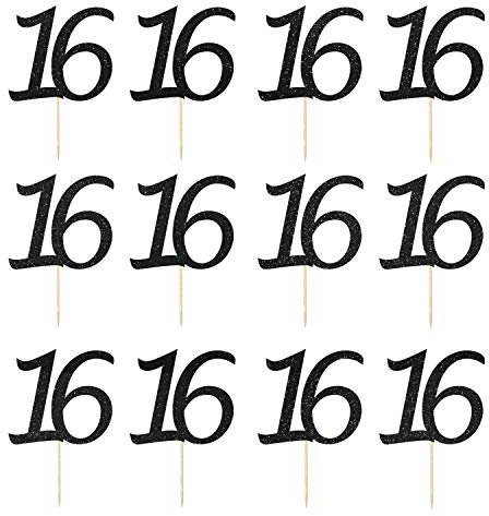 LissieLou Number 16 Cupcake Toppers Pack of 12 in Pretty Glitter Card, Made in the UK - Black