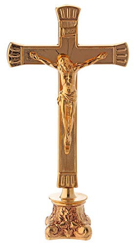 Holyart Altarkreuz aus glänzendem vergoldetem Messing mit auf antik gemachtem Sockel