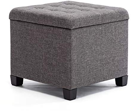 HNNHOME Sitzhocker mit Stauraum, Sitzwürfel mit Deckel, Sitztruhe, Fußbank Truhen Aufbewahrungsbox, Leinen, 44 L, 45 x 45 x 41 cm, Anthrazit