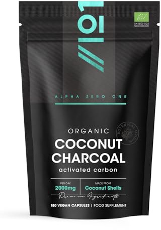 Organic Activated Coconut Charcoal 2000mg – 180 Vegan Capsules – Bloating & Gas, Digestion & Flatulence Natural Relief – Resealable and Recyclable Pouch by Alpha01