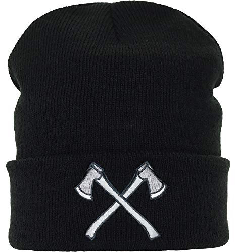 Express-Stickerei Bonnet tricoté : Hache Hache, bûcheron, Travail forestier, Chapeau d'hiver, Bonnet en Laine, Bonnet de Travail, Viking Noir, Long Bonnet Taille Unique