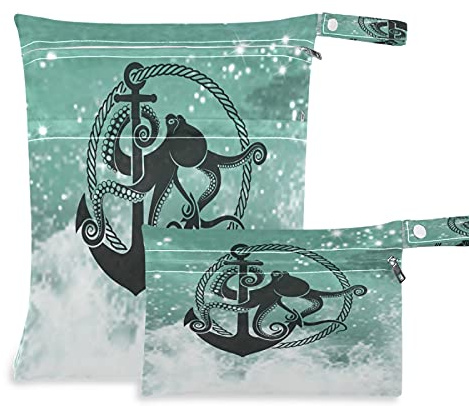 2pcs windeltasche Wet bags Wasserdicht Meer Tier Tintenfisch Anker Nasstaschen wiederverwendbar Wasserdicht Waschbar Organizer Beutel für Kleinkind Windeln Reisen Gym Strand Pool