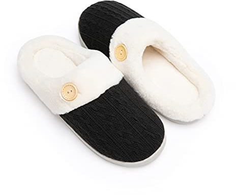 Chantomoo Womens Slipper Warm Comfy Memory Foam House Slippers Knitted Shoes Faux Fur Lined Anti-Skid Rubber Sole Bedroom Cozy Indoor Outdoor Slippers Black Size7 8 6.5