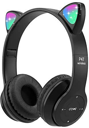 Casque Bluetooth Pliable, Megadream Casque Cat Pliable avec LED Flash Lumières Glow pour Enfants 8+, 3.5mm Jack, SD Carte Slot pour PC, Tablette, Smart Phone (Noir)