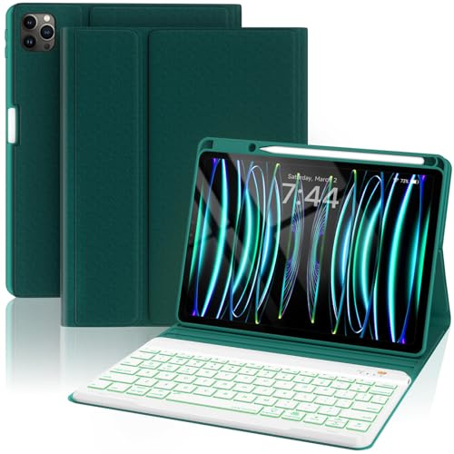 Funda con teclado para iPad Pro de 12.9 pulgadas, 5ª generación 20214ª generación 2020, soporte de carga para lápiz integrado con teclado magnético BT retroiluminado de 7 colores, función de