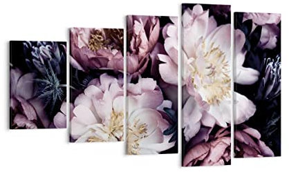 ARTTOR Bilder auf Leinwand Pfingstrosen Veilchen Blumen Leinwandbild 100x60cm Wandbilder Dekoration Wohnzimmer Schlafzimmer Set 5 teilige Groß Wanddeko Bild Wand Kunstdruck Art Canvas EG100x60-5076