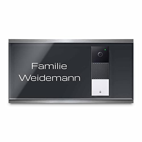 Modernes Klingel Schild für smarte Videotürklingel Netatmo - personalisiertes Türschild aus Edelstahl & Acrylglas | kompatibel mit Video Funk Klingel - Türklingel Funkklingel Zubehör (35x18 cm)