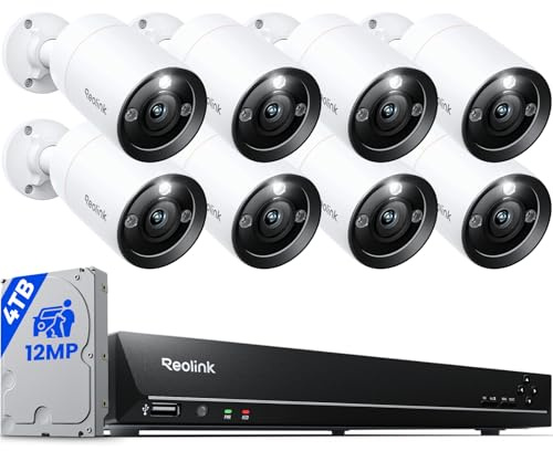 REOLINK 12MP Security Camera System Commercial, 8pcs H.265 12MP PoE Security Cameras Outdoor, Person Vehicle Pet Detection, Spotlight Color Night Vision, 16CH NVR 4TB HDD, RLK16-1200B8-A