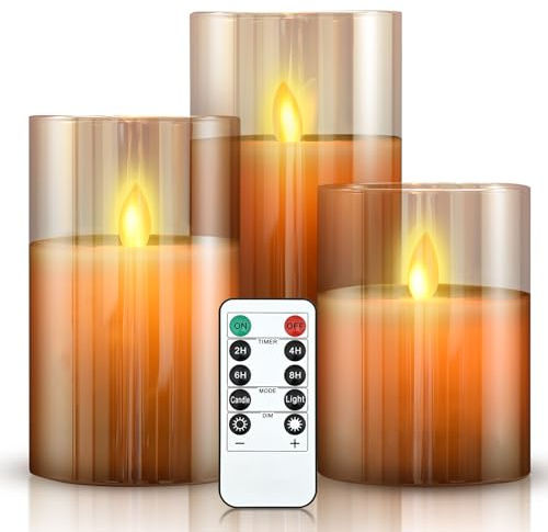 cimetech Flammenlose 3 Led Kerzen Glas mit Fernbedienung Glas Dimmbar Batteriebetriebene LED-Kerzen Set Flackernd Outdoor Led Deko Kerzen Tanzende Flamme Wohnzimmer Deko