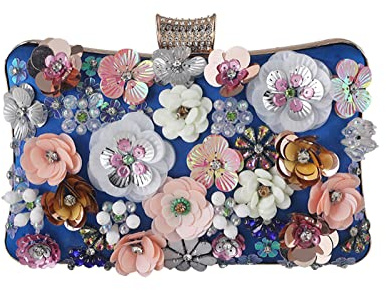 CORIOS Damen Blumen Abendtasche Shiny Strass Clutch Tasche Hochzeit Bag Kette Handtasche Elegante Schultertasche Perle Umhängetasche für Hochzeit Abschlussball Bankett-Party Blau