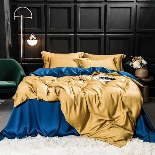 VIRUL Ensemble de literie en Soie Bleu foncé Ensemble de Housse de Couette en Soie Drap Plat Linge de lit Taie d'oreiller