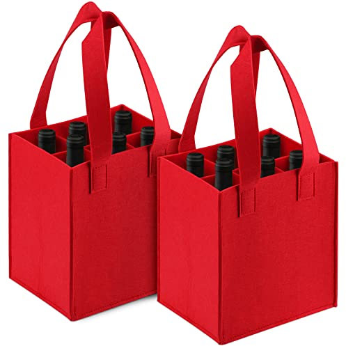 Flaschentasche 6 Flaschen,Bottle Bag Weinbeutel 2 Stücke Multifunktional Filz Wein Tasche mit Abnehmbaren Trennwänden und Griff für Picknick Reisen Geburtstag Rotwein Bier Getränke 24x18x28 cm(Rot)